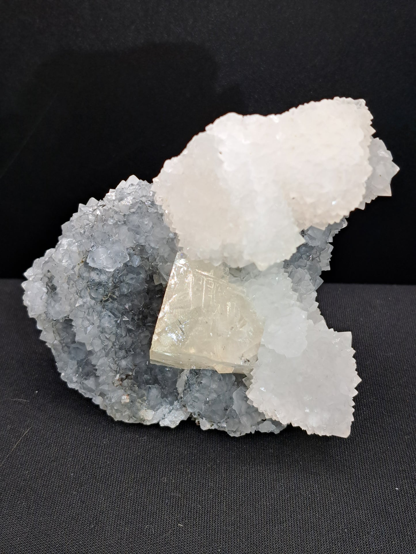 Golden Calcite with Apophyllite on Blue Chalcedony