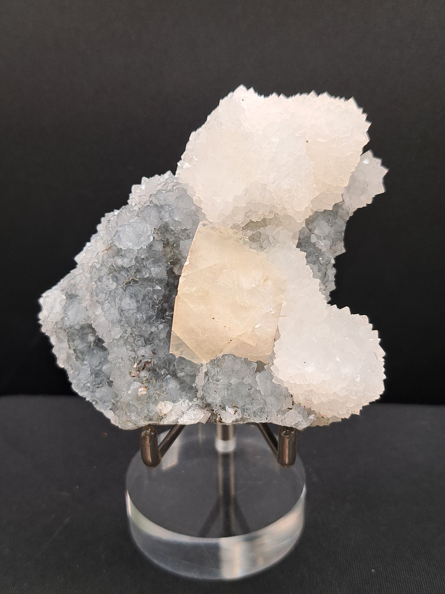 Golden Calcite with Apophyllite on Blue Chalcedony